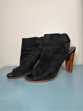 Stuart Weitzman Black Suede Peep-Toe Block Heel Booties - Size 7